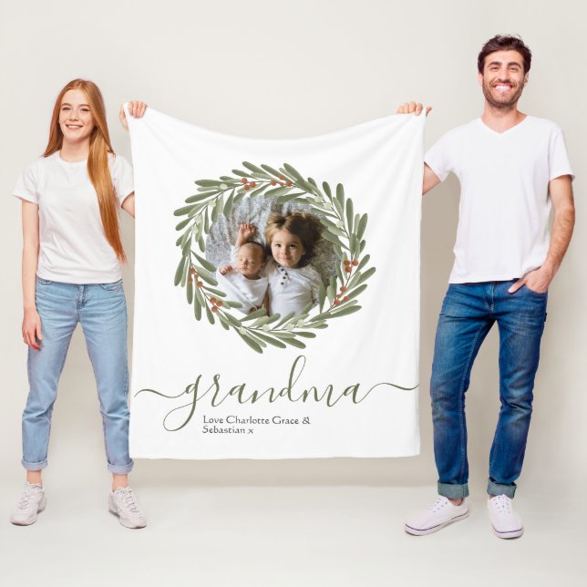 Christmas Green Berry Wreath Photo Personalized Fleece Blanket (In Situ)