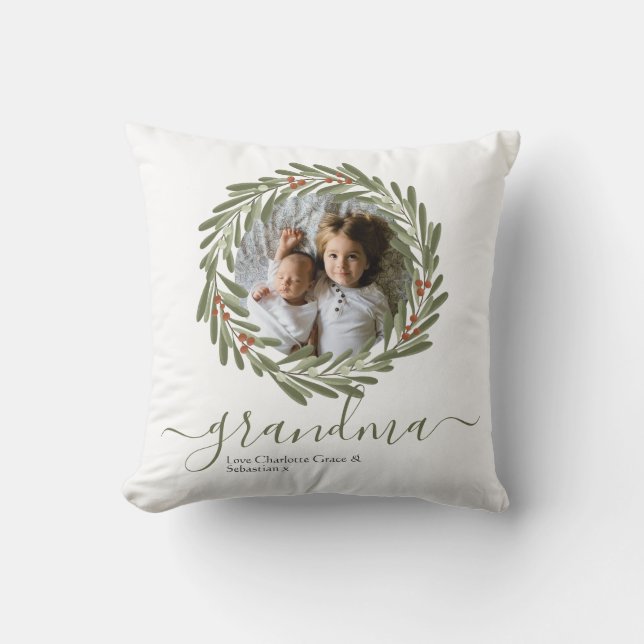 Christmas Green Berry Wreath Photo Personalized Throw Pillow (Front)
