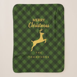 Christmas Green & Black Buffalo Plaid Deer Sherpa Blanket