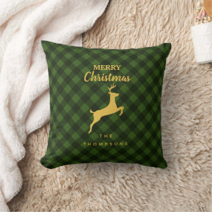 Christmas Green & Black Buffalo Plaid Deer  Throw Pillow