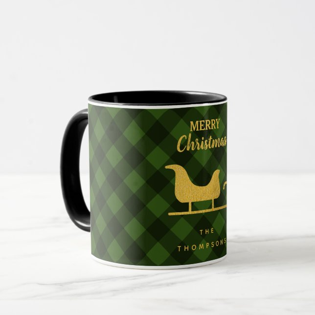 Christmas Green Black Buffalo Plaid Santa Sleigh   Mug (Front Left)