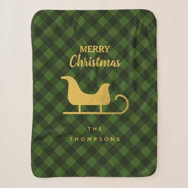 Christmas Green Black Buffalo Plaid Santa Sleigh  Sherpa Blanket (Front)