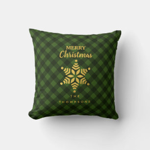 Christmas Green Black Buffalo Plaid Star Snow Throw Pillow