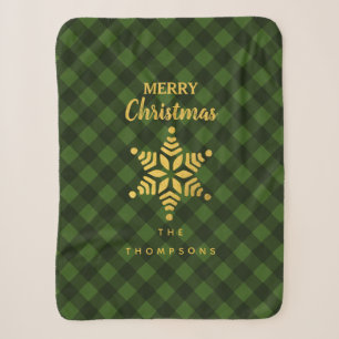 Christmas Green Black Buffalo Plaid Star Snowflake Sherpa Blanket