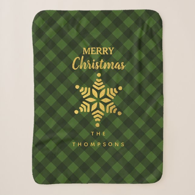 Christmas Green Black Buffalo Plaid Star Snowflake Sherpa Blanket (Front)