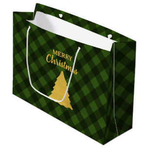 Christmas Green & Black Buffalo Plaid Xmas Tree Large Gift Bag