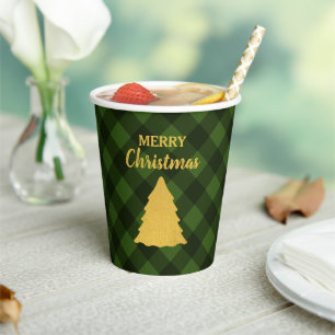 Christmas Green & Black Buffalo Plaid Xmas Tree Paper Cups