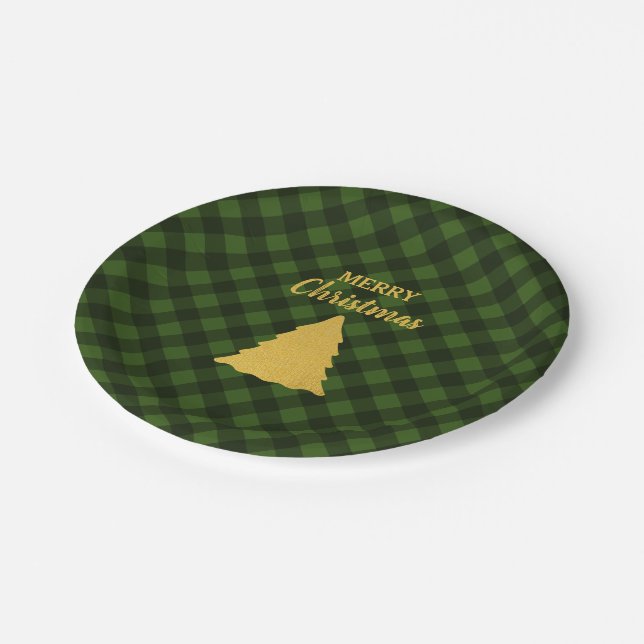 Christmas Green & Black Buffalo Plaid Xmas Tree Paper Plate (Angled)