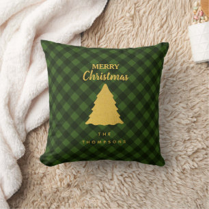 Christmas Green & Black Buffalo Plaid Xmas Tree Throw Pillow