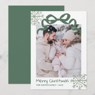 Christmas Green Bow snowflakes Photo card
