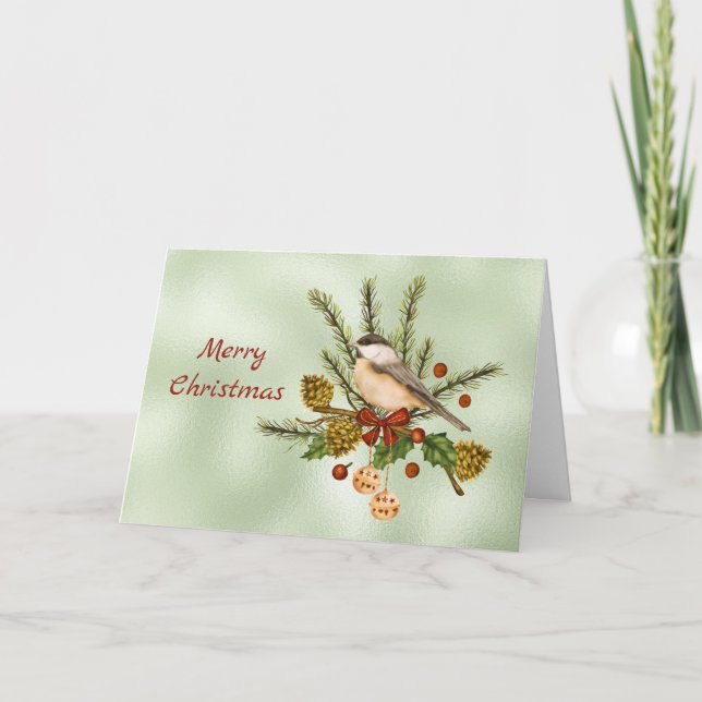 Christmas Green Chickadee Greenery Watercolor Holiday Card (Front)