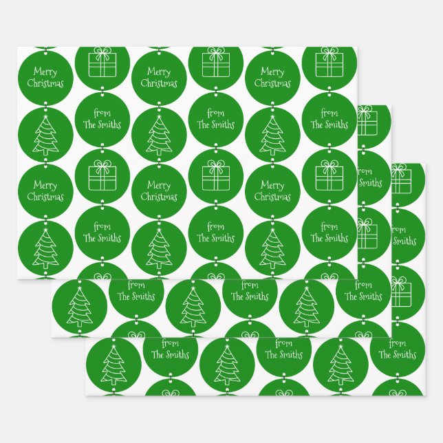 Christmas Green Circles Custom Family Name Wrapping Paper Sheet (Set)