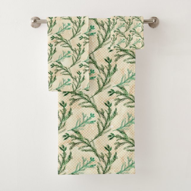 Christmas Green Evergreen Branches Bath Towel Set (Insitu)