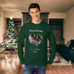 Christmas green family photo heart name dad T-Shirt<br><div class="desc">Green shirt. Personalize and add your own family photo. Heart shaped frame. Add your family name and year. White text.</div>