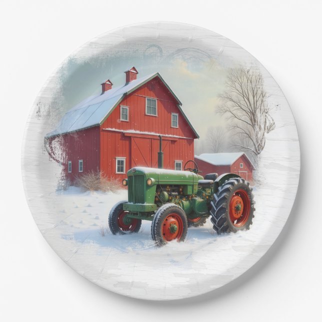 Christmas Green Farm Tractor and Red Barn Paper Plate (Front)