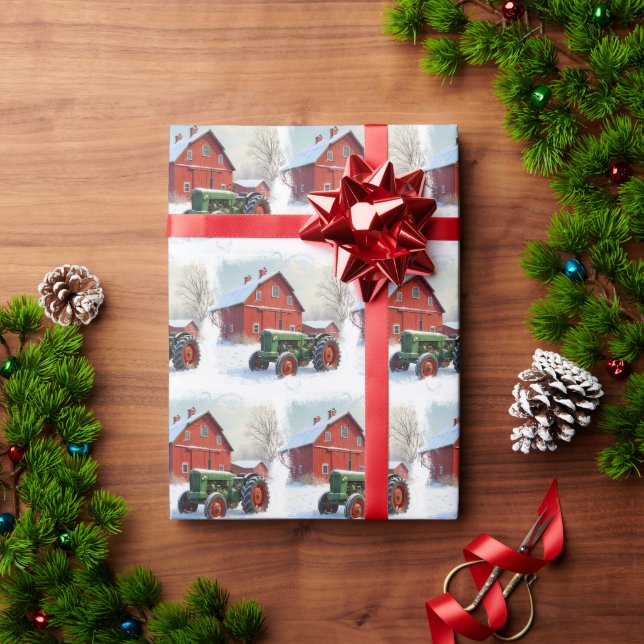 Christmas Green Farm Tractor and Red Barn Wrapping Paper (Holiday Gift)