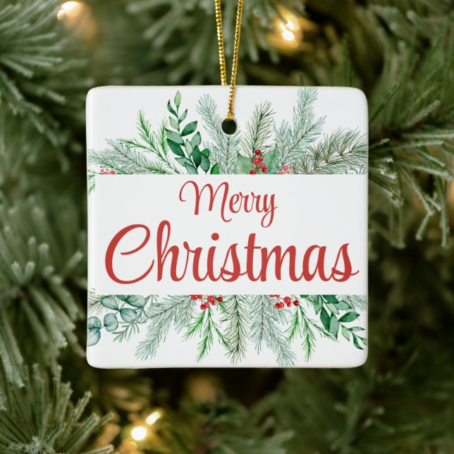 Christmas Green Floral Frame Merry Christmas Ceramic Ornament (Tree)