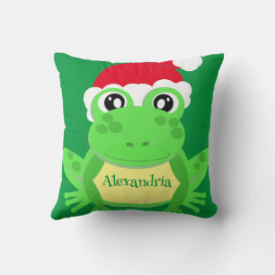 Christmas Green Frog Santa Hat Novelty Funny Throw Pillow