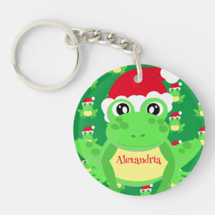 Christmas Green Frog Santa Hat Pattern Novelty  Keychain