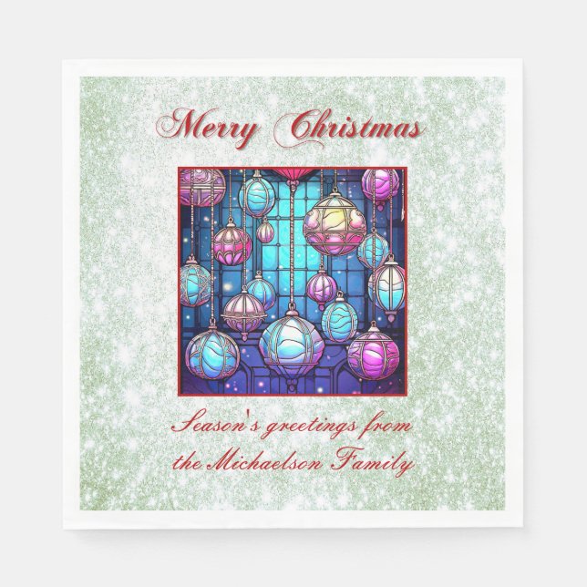 Christmas Green Glitter Stained Glass Bauble Napkin (Front)