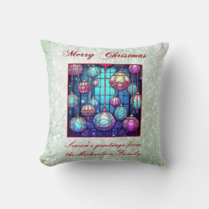 Christmas Green Glitter Stained Glass Bauble Throw Pillow