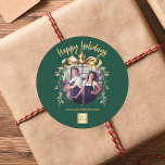 Christmas green gold bauble team photo logo classic round sticker<br><div class="desc">Green background. Personalize and add your own photo and company logo. A golden Christmas tree bauble as frame. Add a text,  name or your web url.</div>