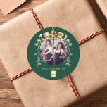 Christmas green gold bauble team photo logo classic round sticker<br><div class="desc">A green background. Personalize and add your own photo and company logo. A golden Christmas tree bauble as frame. Add a text,  name or your web url.</div>