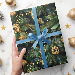 Christmas Green Gold Moody Festive Greenery Wrapping Paper