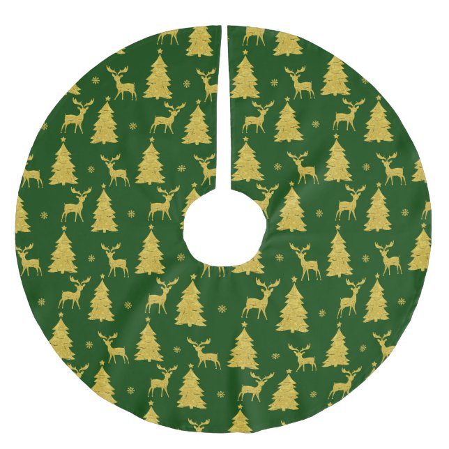 Christmas Green Gold Reindeer Xmas Tree Snowflake Brushed Polyester Tree Skirt (Front)