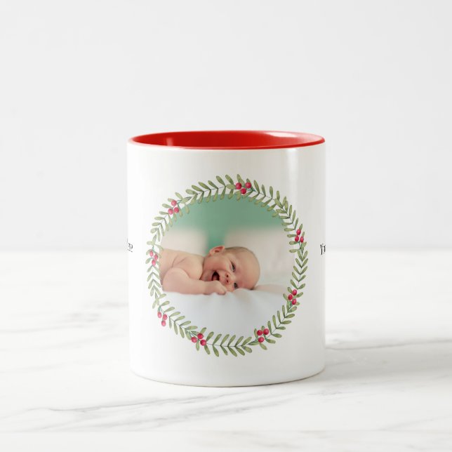 Christmas Green Holiday Wreath Photo Coffee Mug (Center)