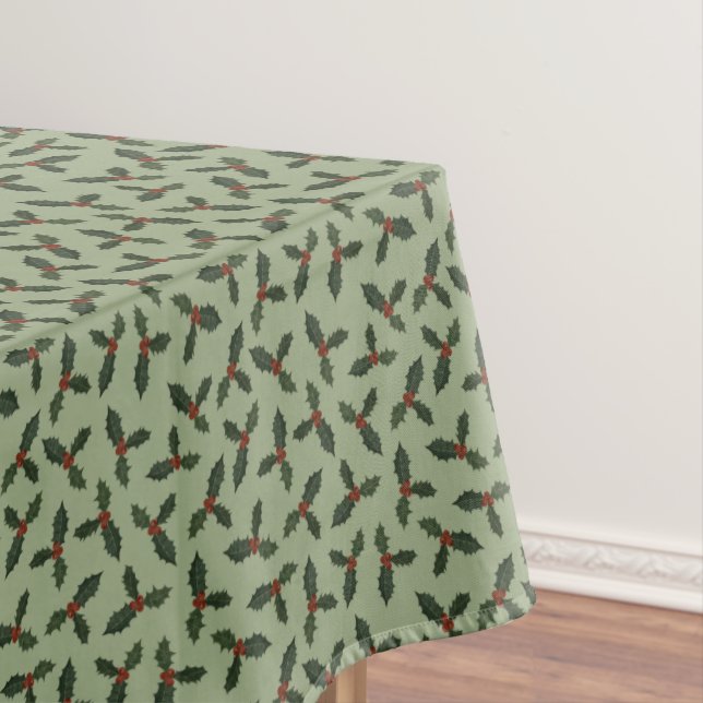 christmas green holly  pattern tablecloth (In Situ)