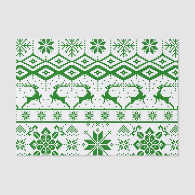 Christmas Green Knitted Reindeer Pattern Tissue Paper (Front)