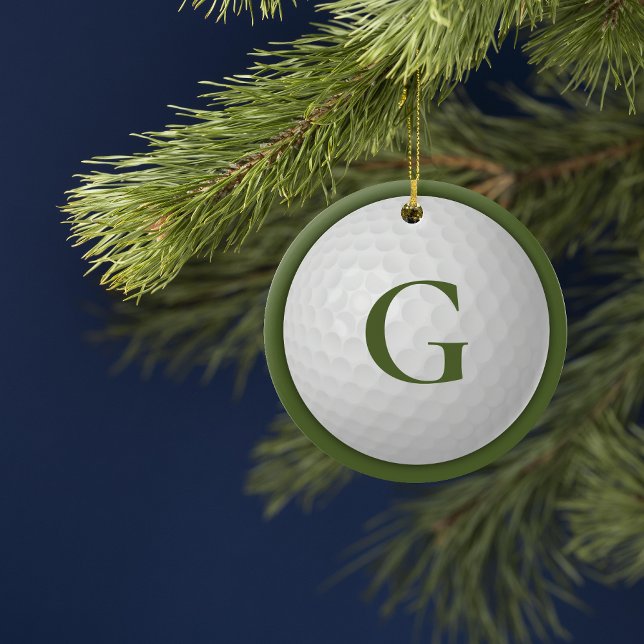 Christmas Green Monogram Golf Ball Ceramic Ornament (Creator Uploaded)