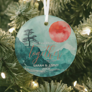 Christmas Green Mountain Adventure Outdoor Couple Glass Ornament