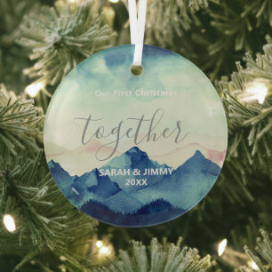 Christmas Green Mountain Pine Trees Outdoor Couple Glass Ornament