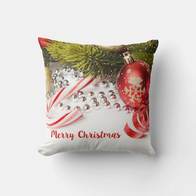 Christmas Green Pine Branch And Red Lanterns Throw Pillow (Front)