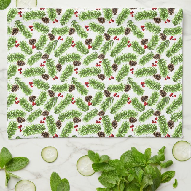 Christmas Green Pine Leaves, Cones & Red Berries Kitchen Towel (Folded)