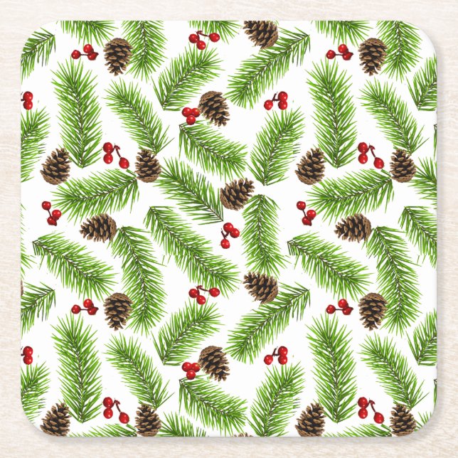 Christmas Green Pine Leaves, Cones & Red Berries Square Paper Coaster (Front)