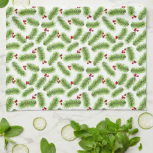 Christmas Green Pine Leaves & Red Berries on White Kitchen Towel
