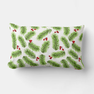 Christmas Green Pine Leaves & Red Berries on White Lumbar Pillow