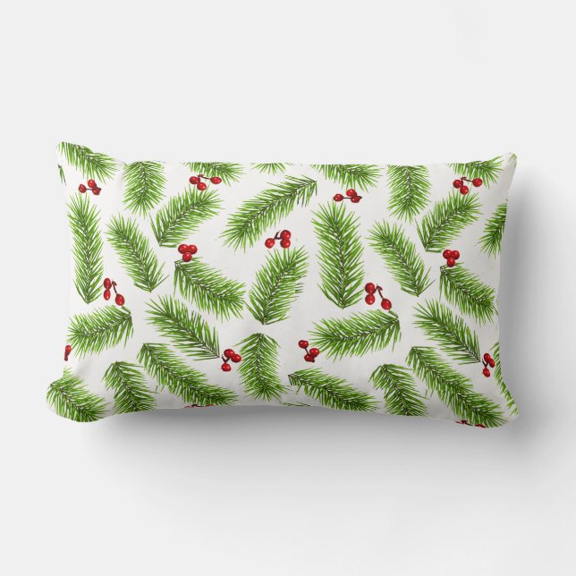 Christmas Green Pine Leaves & Red Berries on White Lumbar Pillow (Front)