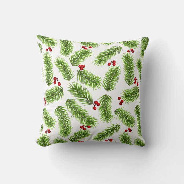Christmas Green Pine Leaves & Red Berries on White Throw Pillow (Front)