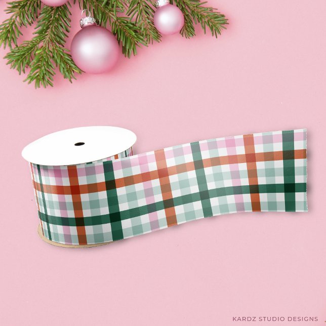 Christmas Green Pink Red Plaid Satin Ribbon (Choose 1.5 or 3 inches | Satin or grosgrain.)