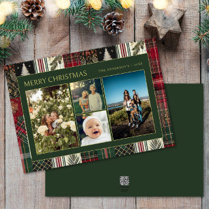 Christmas Green Plaid Family Four Photo Collage Holiday Card