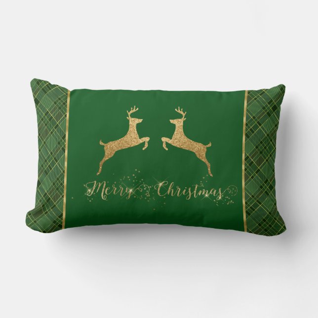 Christmas Green Plaid Gold Foil Deer Lumbar Pillow (Front)