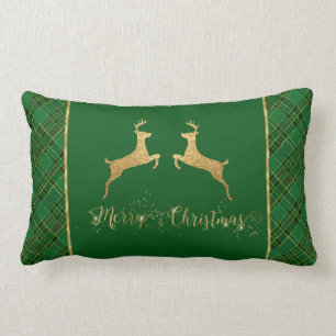 Christmas Green Plaid Gold Foil Deer Lumbar Pillow