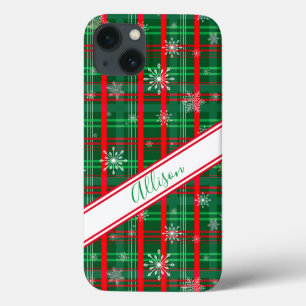 Christmas Green Plaid Personalized Script Name iPhone 13 Case