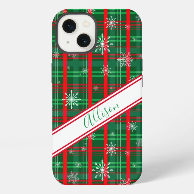 Christmas Green Plaid Personalized Script Name iPhone Case (Back)