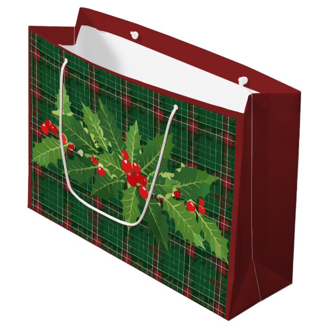 Christmas Green Plaid with Wreath Large Gift Bag (Front Angled)