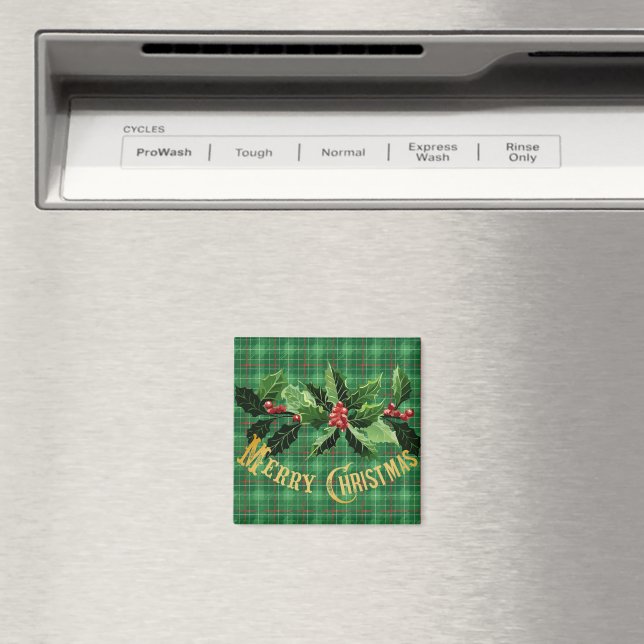 Christmas Green Plaid with Wreath Magnet (In Situ (Dishwasher))